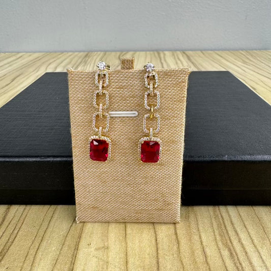 Gold Plated Chain Link Drop Earrings - Ruby Red