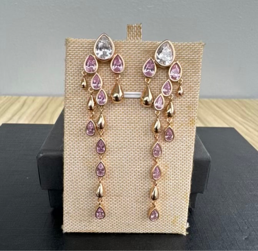 Gold Plated Tassel Long Earrings - Pink