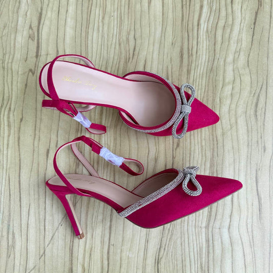 Bow Detail Ankle Strap Suede Pointed Toe Heeled Shoe