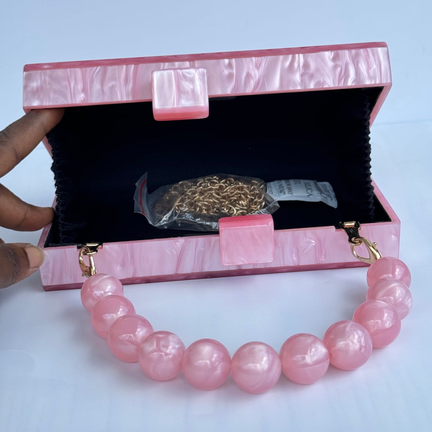 Rectangle Acrylic Beaded Strap Clutch Purse - Pink