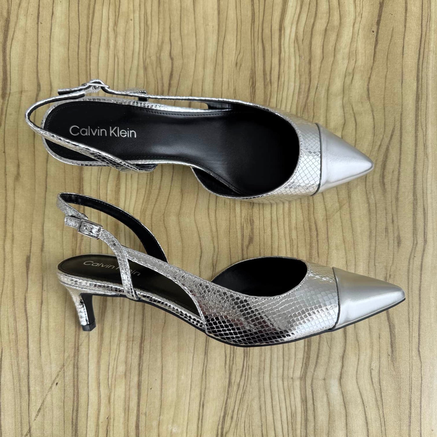 Calvin Klein Metallic Pointed Toe Slingback Kitten Heels - Size 41