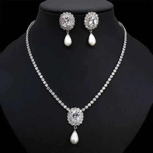 Pearl Drop Pendant Necklace and Earring Cubic Zirconia Jewelry Set