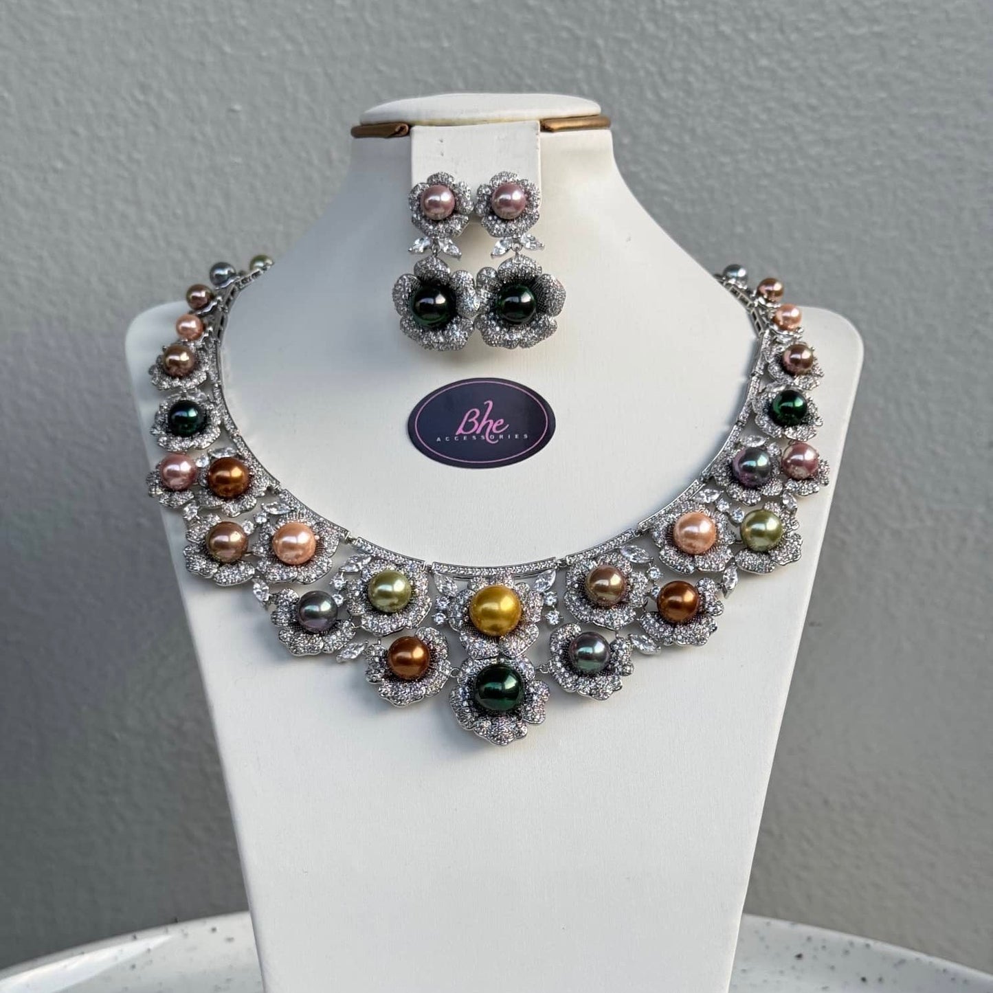 Luxury Statement 2 Piece Multicolour Pearl Cubic Zirconia Jewelry Set