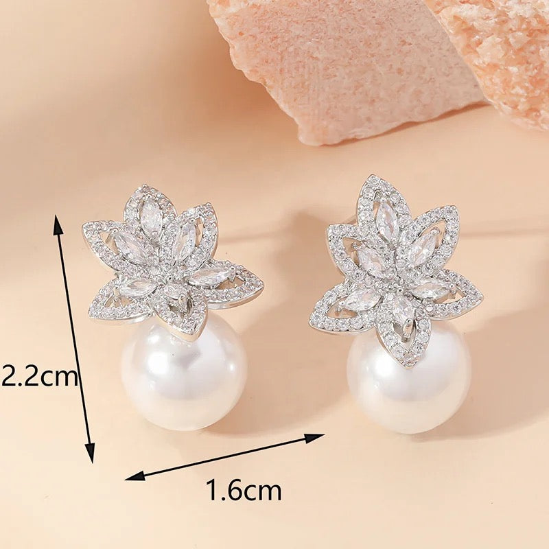 Floral Detail Pearl Cubic Zirconia Earring