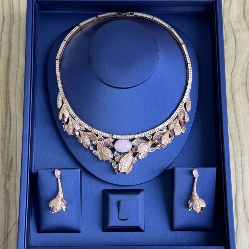 Luxury Statement Cubic Zirconia Necklace and Earring Set - Pink