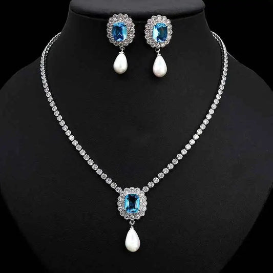 Pearl Drop Pendant Necklace and Earring Cubic Zirconia Jewelry Set - Turquoise