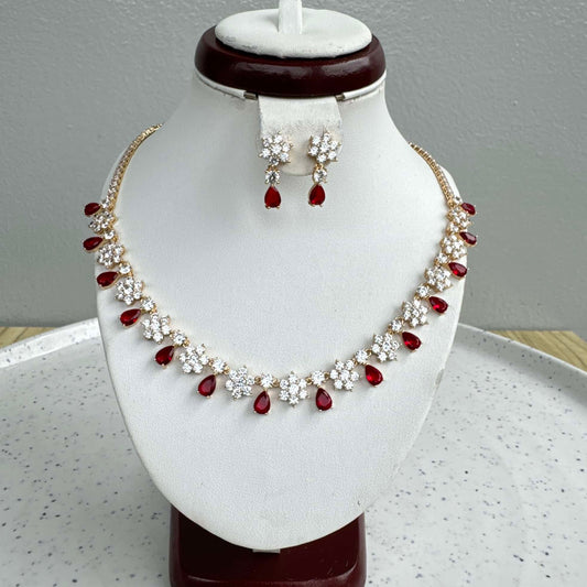 Round Gold Plated Red Cubic Zirconia Necklace and Earring Set