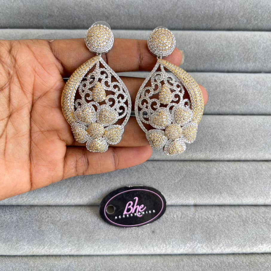Floral Cubic Zirconia Earrings - 2 Tone, Silver