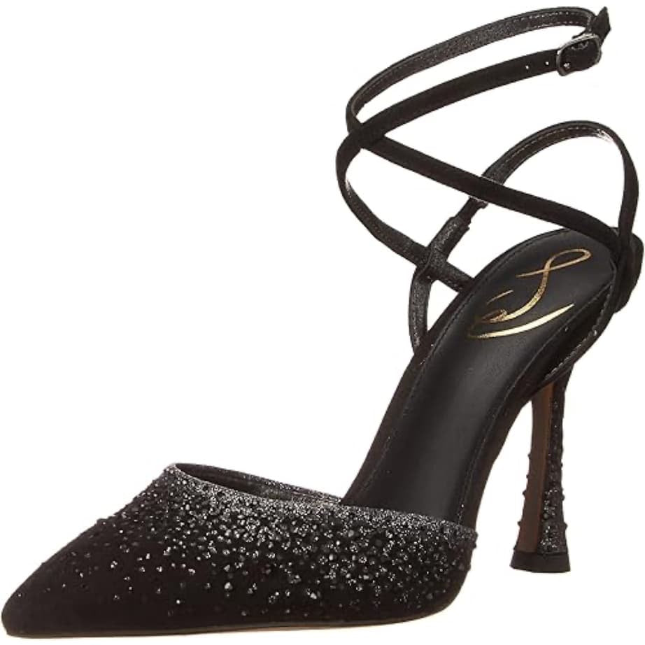 Sam Edelman Pointed Toe Satin Embellished Cross Strap Heeled Shoe
