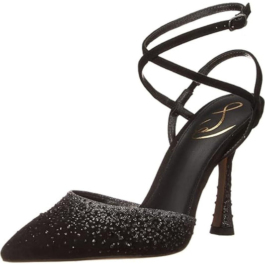 Sam Edelman Pointed Toe Satin Embellished Cross Strap Heeled Shoe