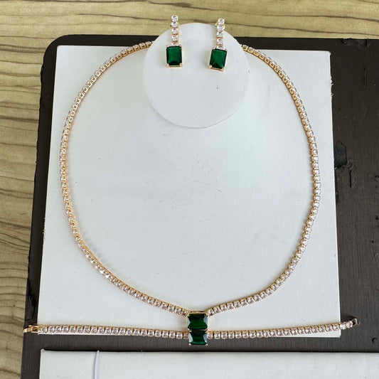 Simple Gold Tone Cubic Zirconia 3 Piece Jewelry Set - Green