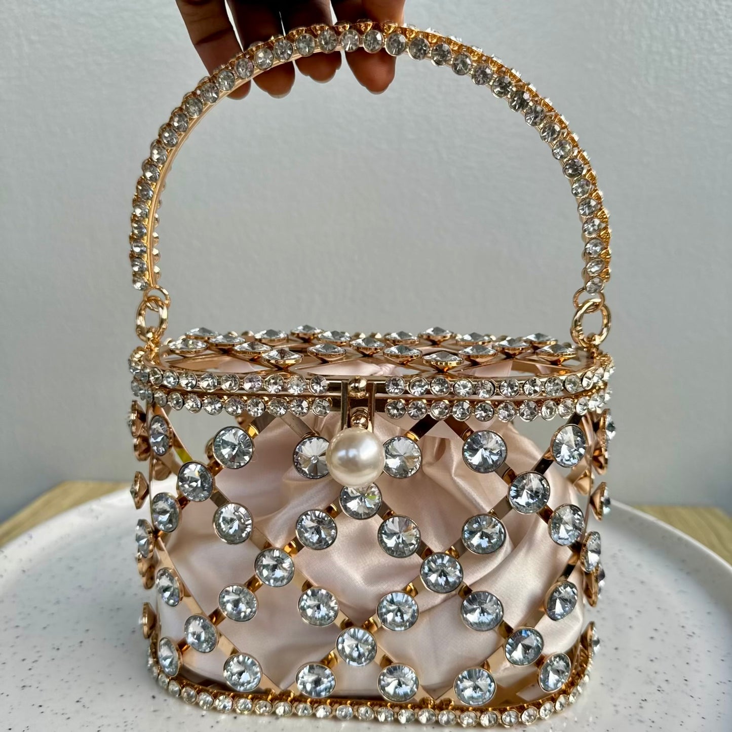 Lattice Rhinestone Cage Clutch with Lid Closure