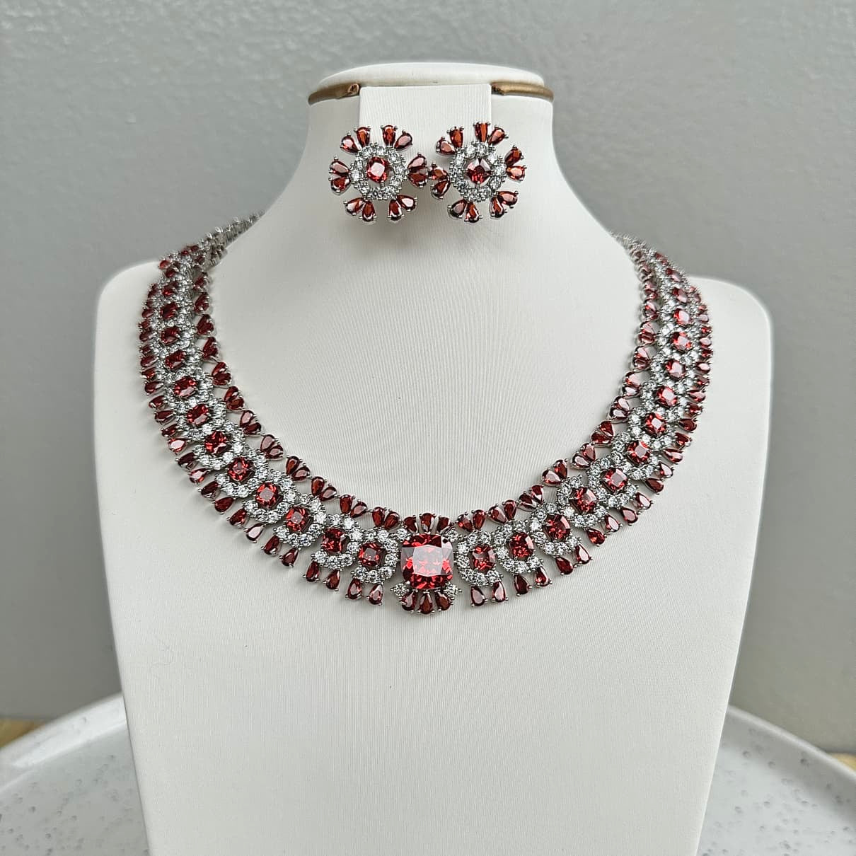 Statement Round Luxury Cubic Zirconia Necklace and Earring Set - Red