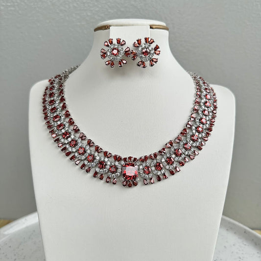 Statement Round Luxury Cubic Zirconia Necklace and Earring Set - Red
