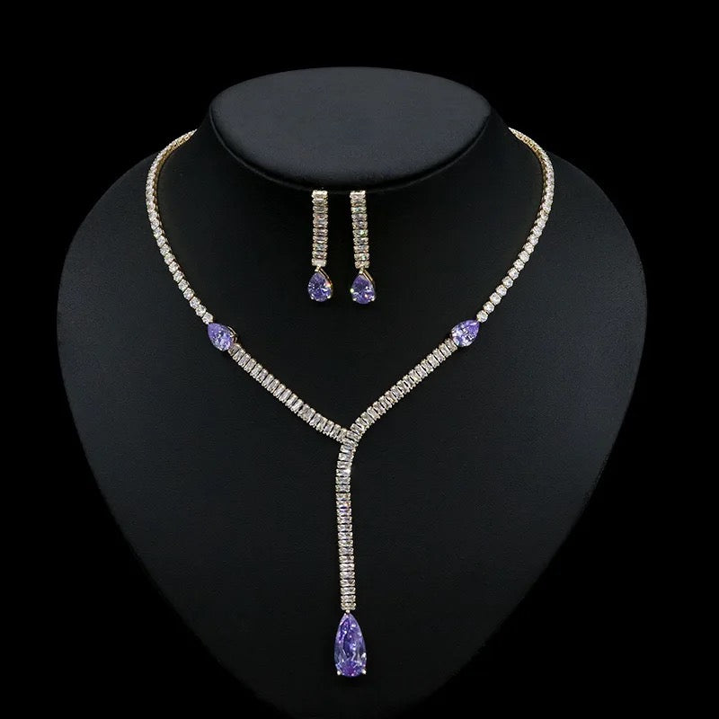 Gold Plated Long Pendant Cubic Zirconia Necklace and Earring Jewelry Set