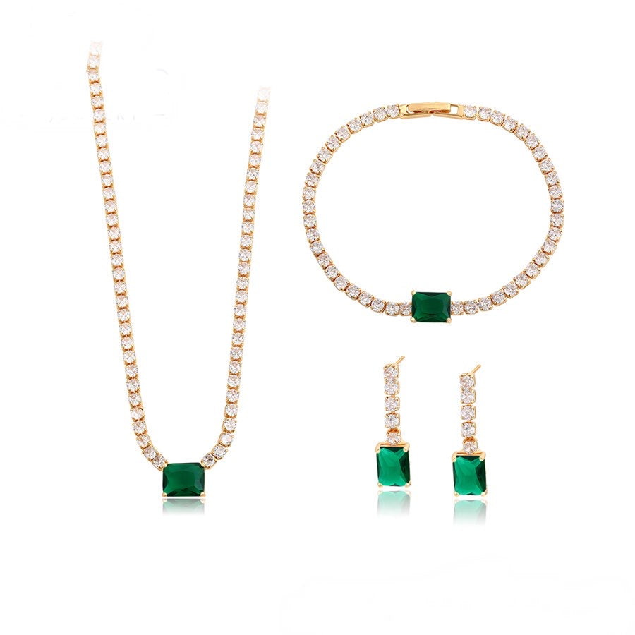 Simple Gold Tone Cubic Zirconia 3 Piece Jewelry Set - Green