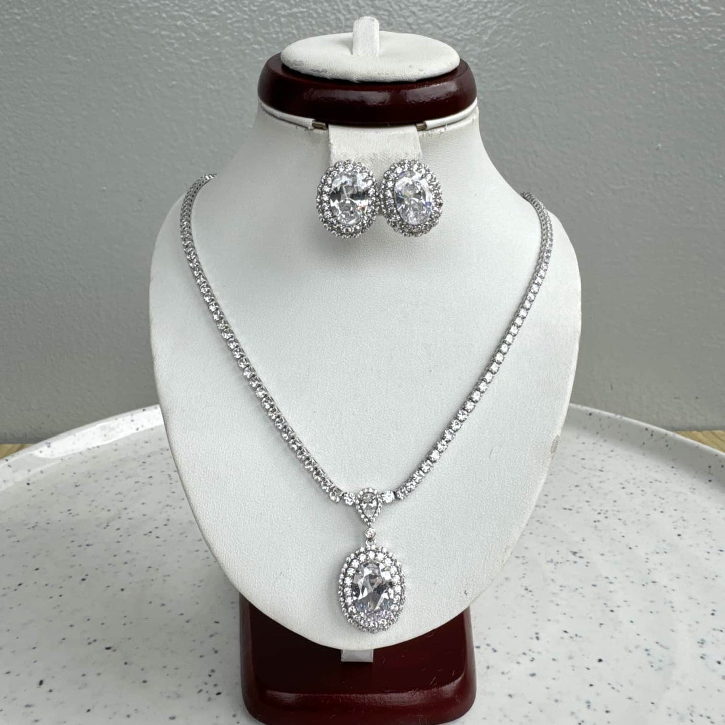 Drop Pendant Cubic Zirconia Necklace and Stud Earring Set