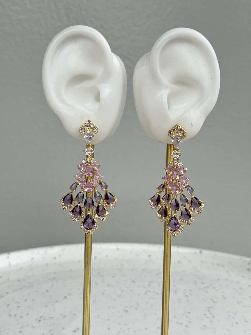 Feather Shape Drop Cubic Zirconia Earrings - Purple Pink