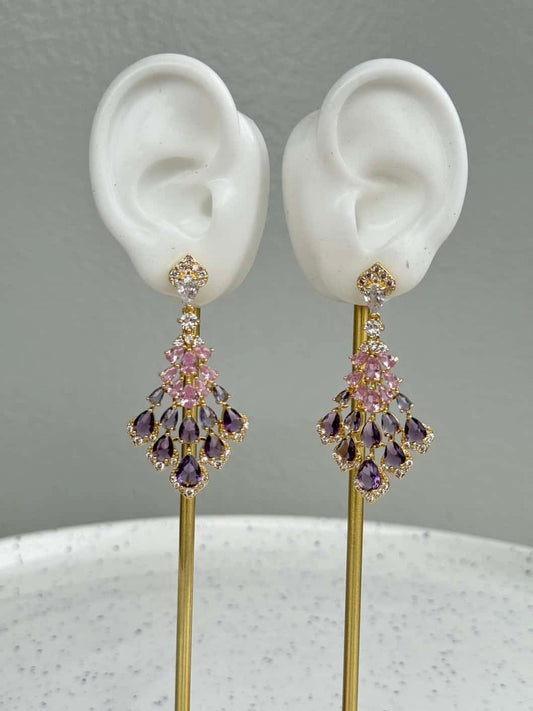 Feather Shape Drop Cubic Zirconia Earrings - Purple Pink