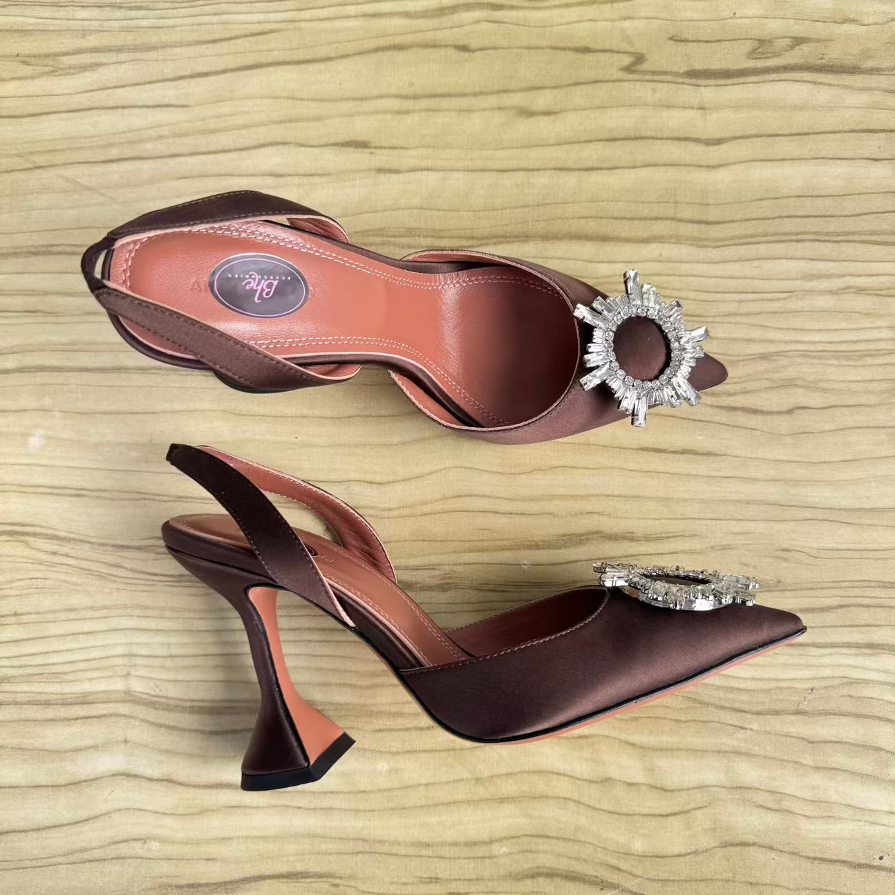 Designer Inspired Brooch Pointed Toe Slingback Heeled Shoe