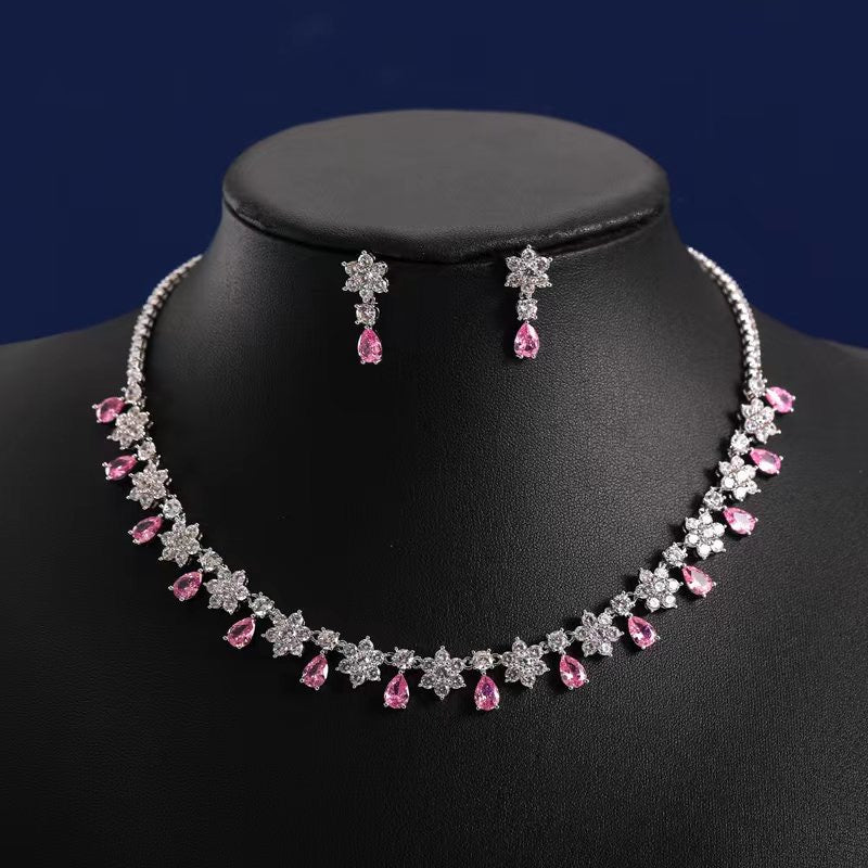 Round Cubic Zirconia Necklace and Earring Jewelry Set - Pink