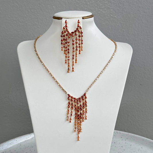 Simple Gold Plated Long Pendant Cubic Zirconia Pearl Necklace and Earring Jewelry Set - Copper