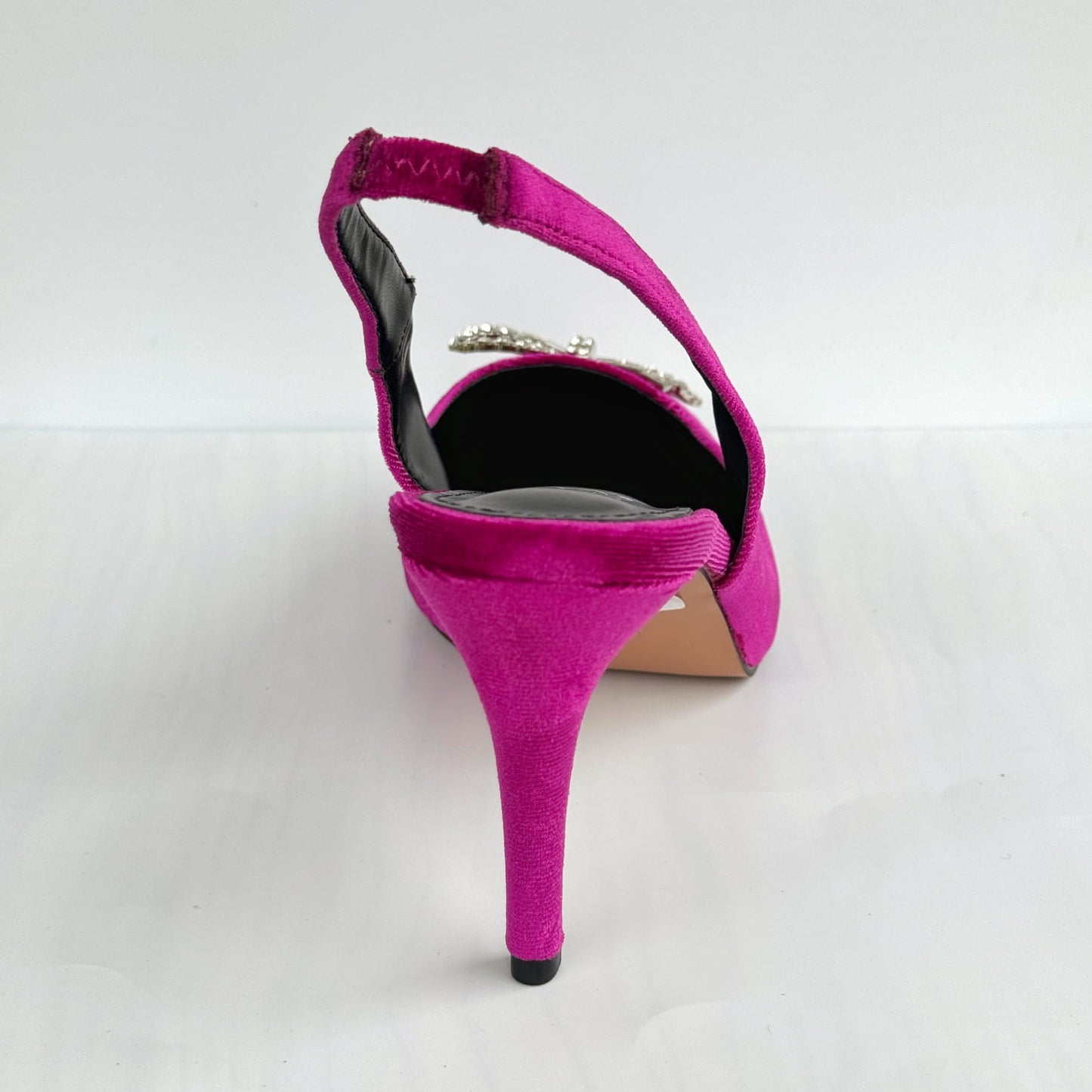 Pointed Toe Velvet Slingback with Crystal Bow - Magenta