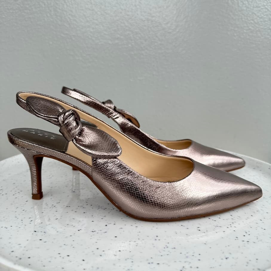 Bow Embossed Slingback Kitten Heel Shoe - Bronze Size 39