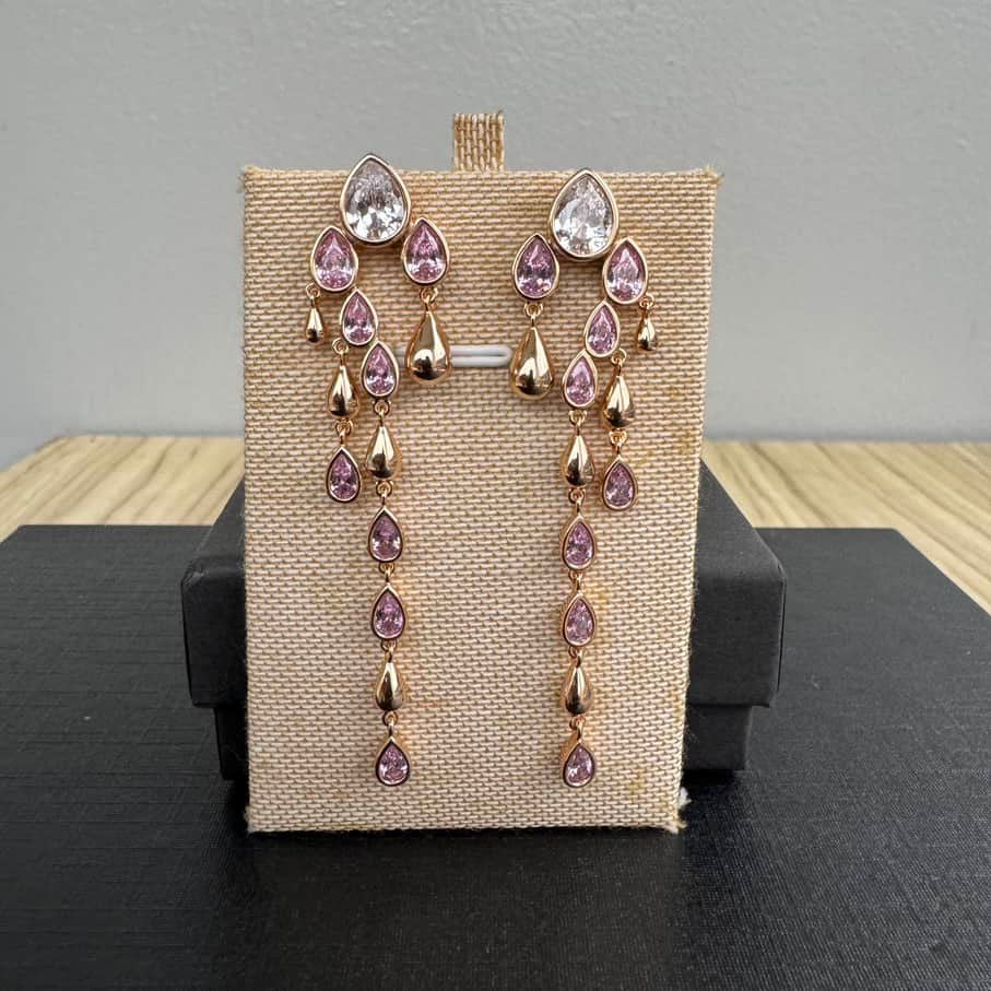 Gold Plated Tassel Long Earrings - Pink