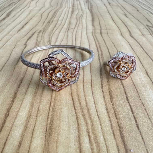 3 Tone Floral Bangle and Ring Set