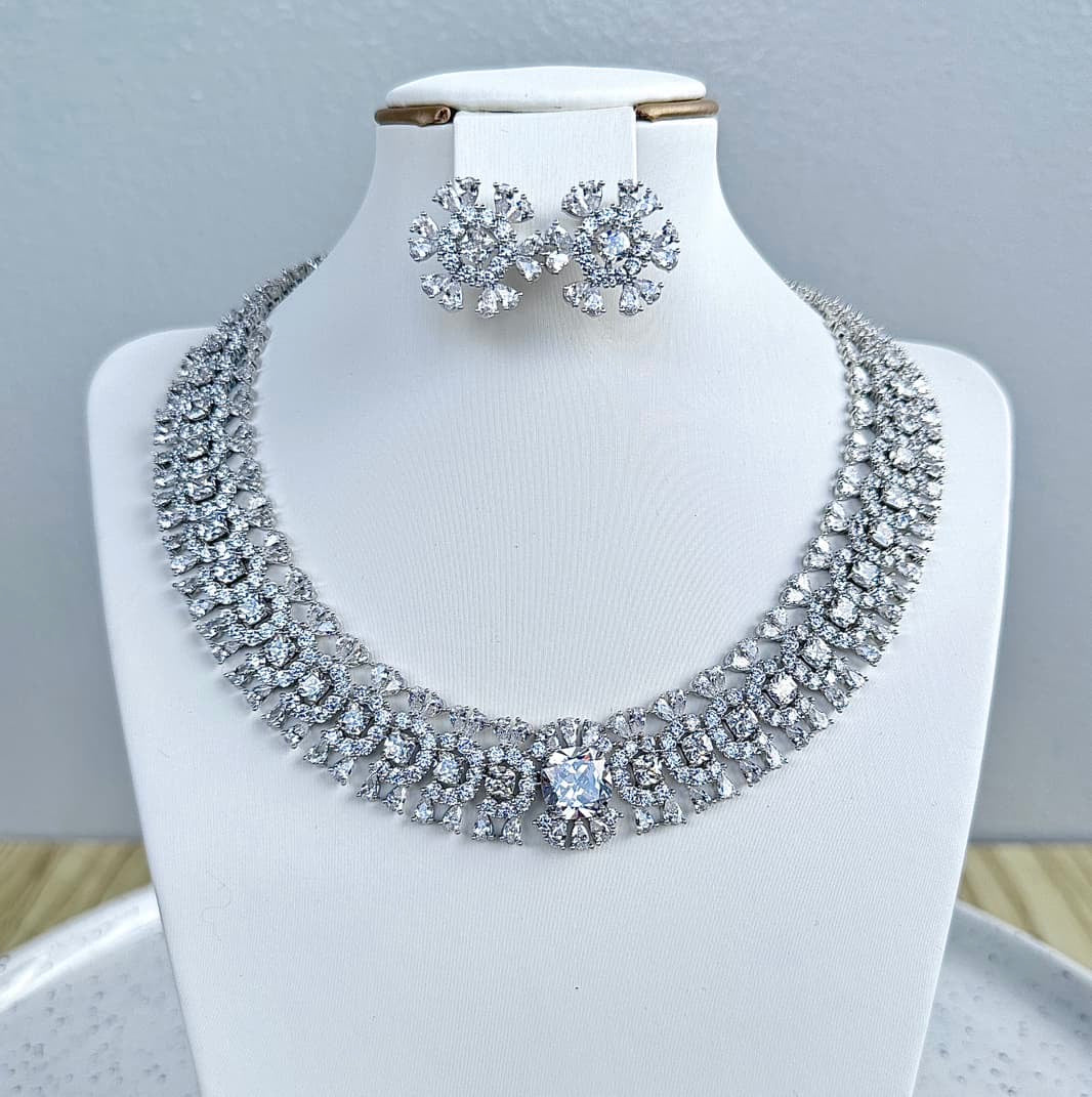 Statement Round Luxury Cubic Zirconia Necklace and Earring Set - Silver