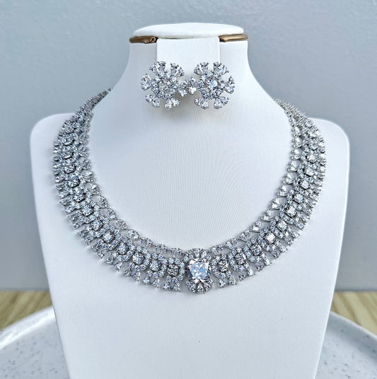 Statement Round Luxury Cubic Zirconia Necklace and Earring Set - Silver