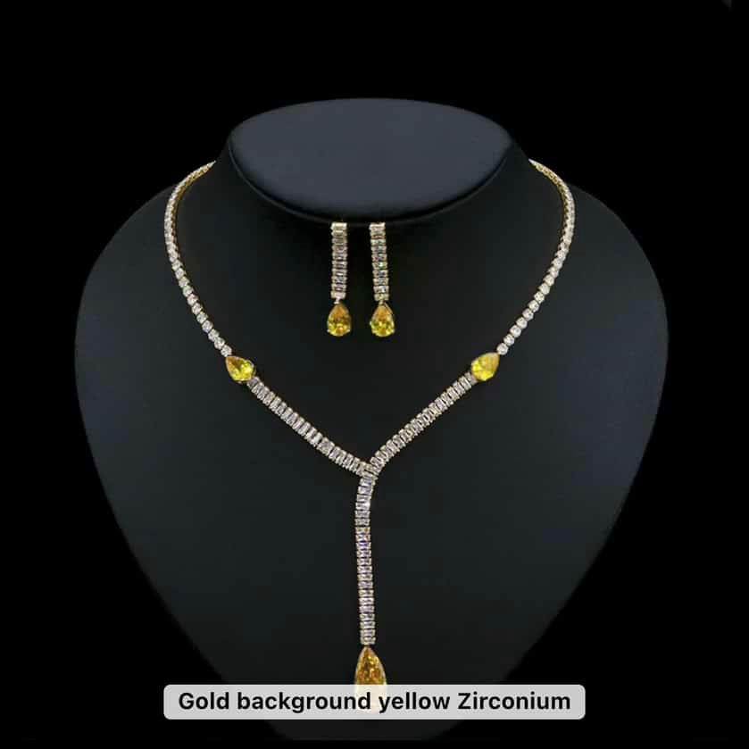 Gold Plated Long Pendant Cubic Zirconia Necklace and Earring Jewelry Set