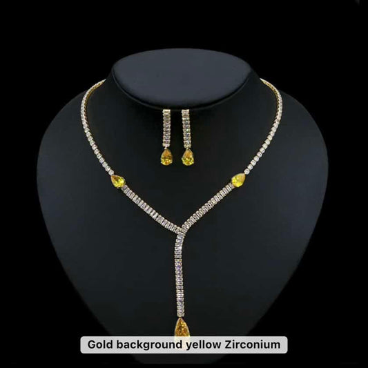 Gold Plated Long Pendant Cubic Zirconia Necklace and Earring Jewelry Set