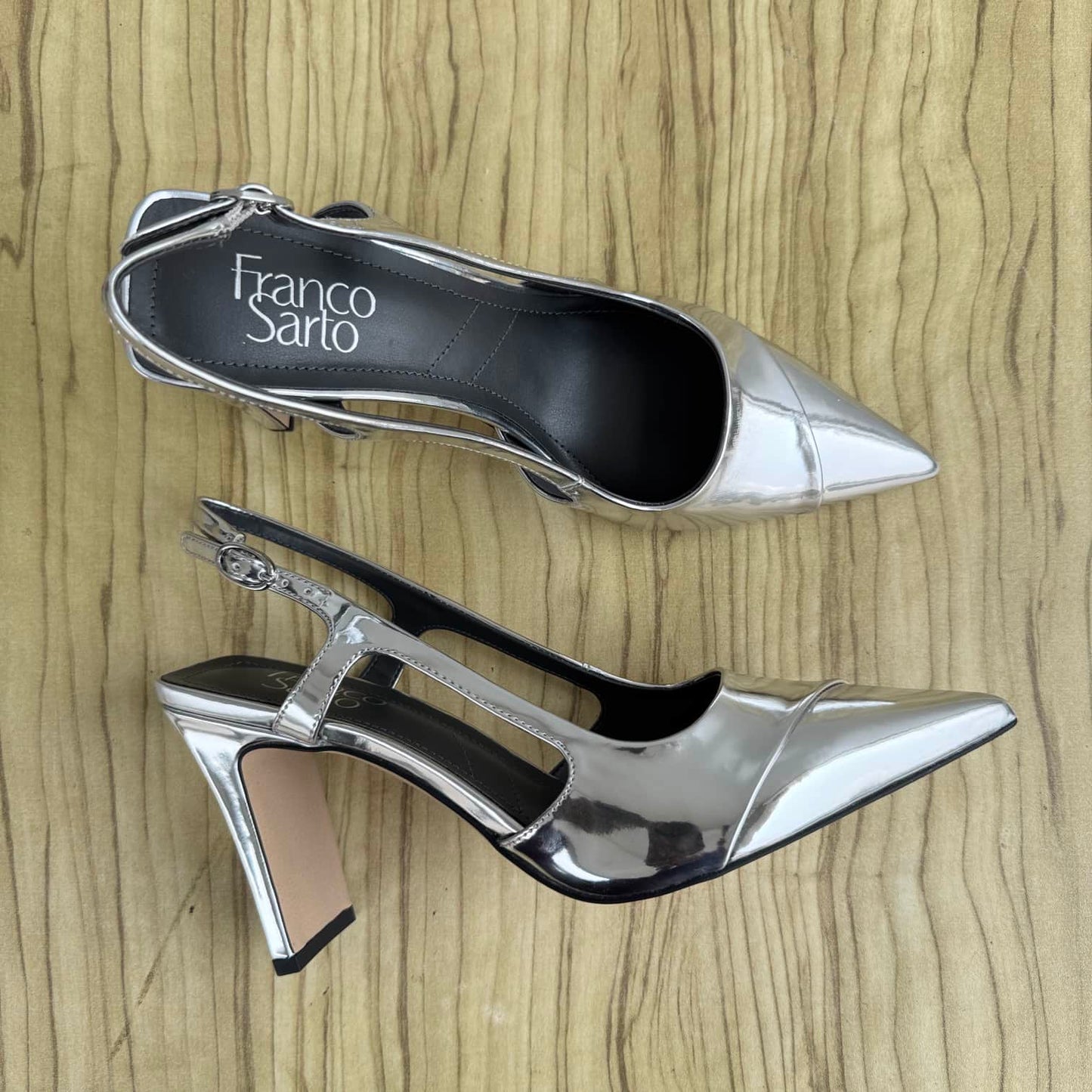 Franco Sarto Patent Cut Out Pointed Toe Wide Heeled Slingback - Size 38, 39, 40, 41, 42
