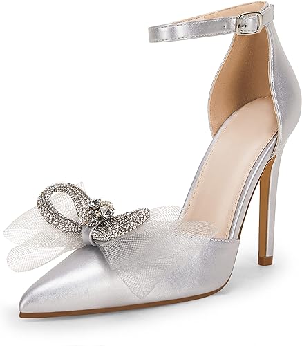 Ankle Strap Pointed Toe Bow Stiletto Heels - Silver