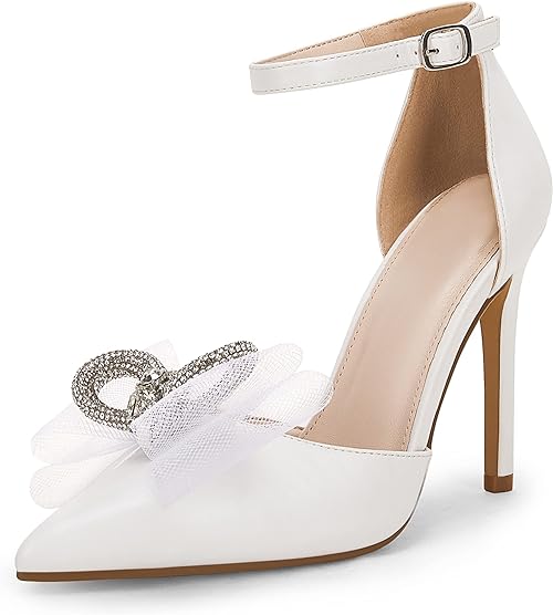 Ankle Strap Pointed Toe Bow Stiletto Heels - White