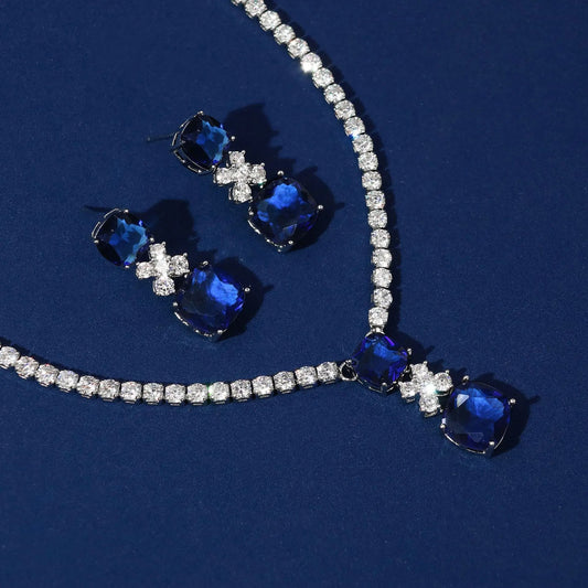 Simple X Drop Pendant Cubic Zirconia Necklace and Earring Set - Blue