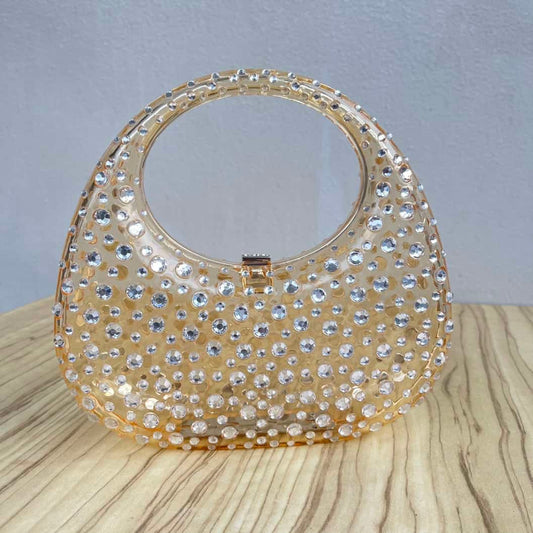 Top Handle Embellished Transparent Clutch Bag - Gold