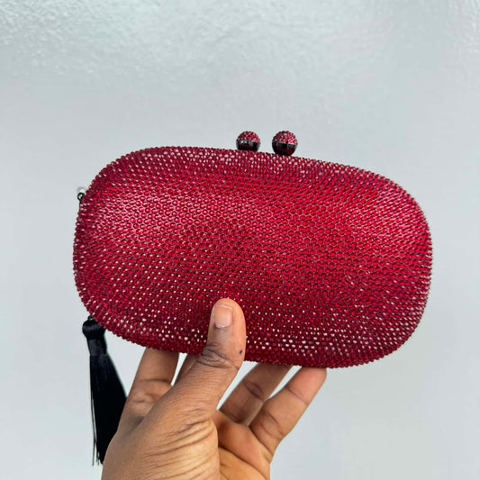 Oval Fully Embellished Crystal Clutch - Wine
