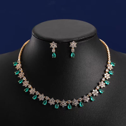 Round Gold Tone Cubic Zirconia Necklace and Earring Set - Sea Green