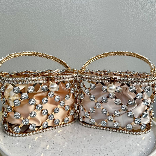 Lattice Rhinestone Cage Clutch with Lid Closure