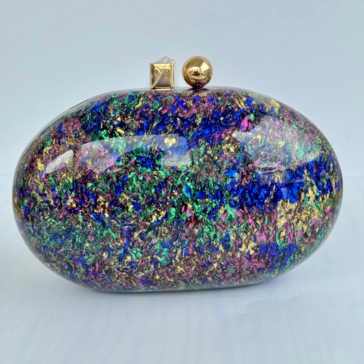 Oval Acrylic Clutch Purse - Black, Purple Marble