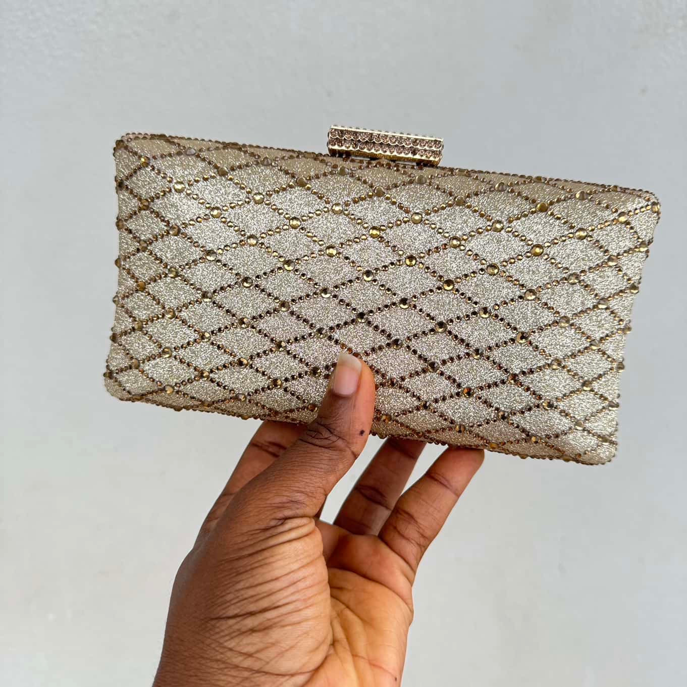 Lattice Rhinestone Embellished Shimmer Clutch Purse