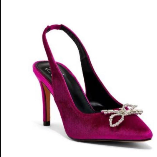 Pointed Toe Velvet Slingback with Crystal Bow - Magenta