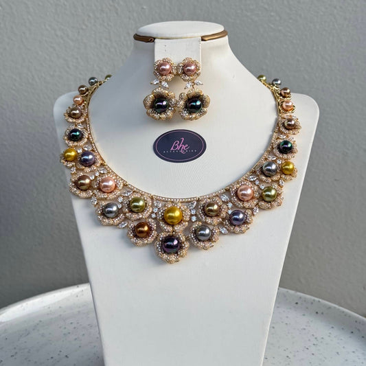 Luxury Statement 2 Piece Multicolour Pearl Cubic Zirconia Jewelry Set
