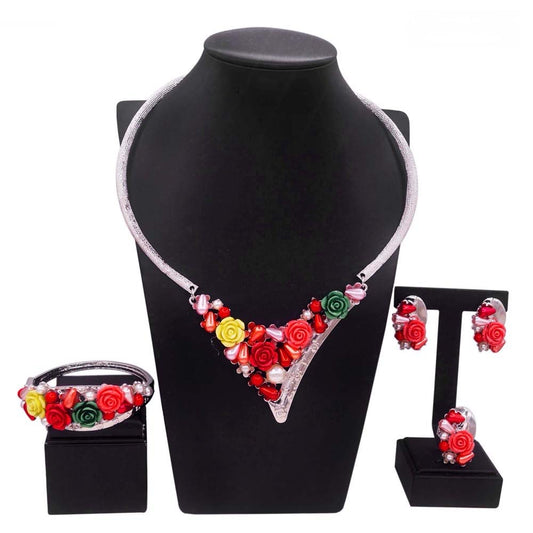 Italian Design Floral Plated V Shaped Jewelry Set - Silver