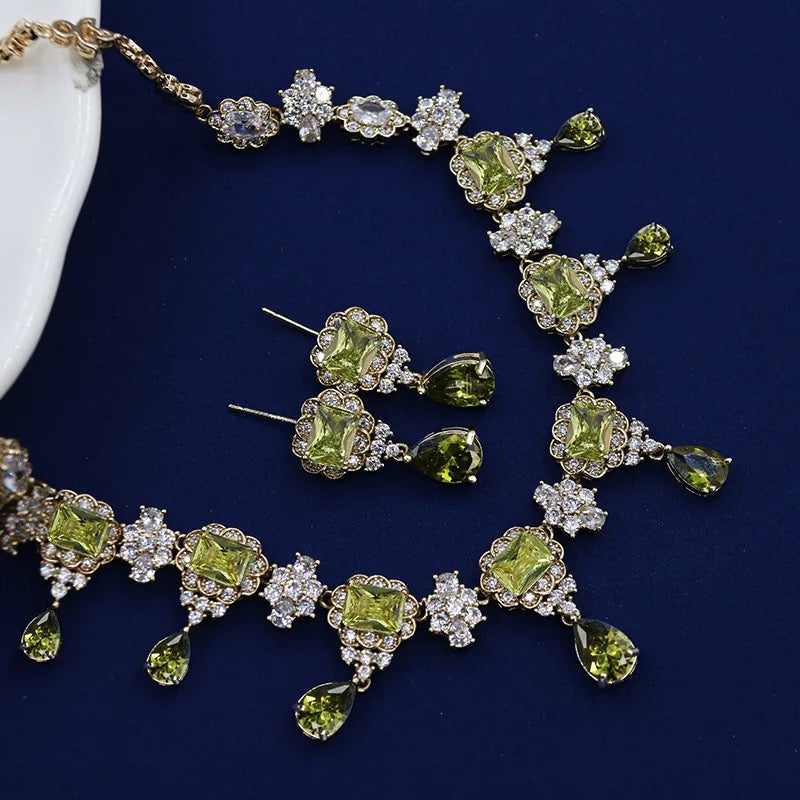 Olive Green Luxury Necklace and Earring Cubic Zirconia Jewelry Set