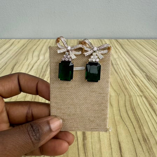 Gold Plated Bow Detail Small Drop Earrings - Emerald Green