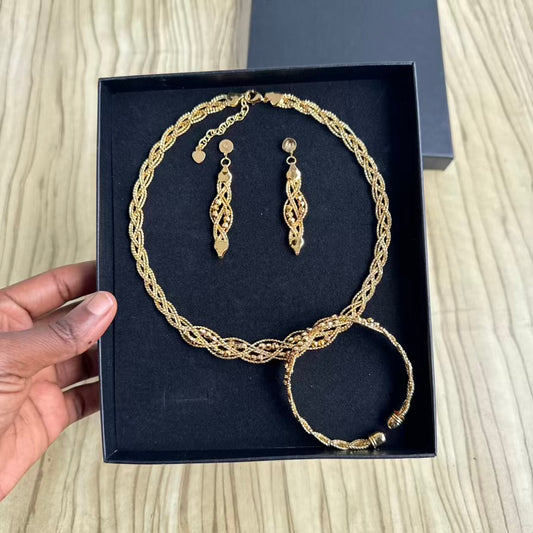 24K Gold Plated Weave Cord Necklace, Earrings and Bangle Set